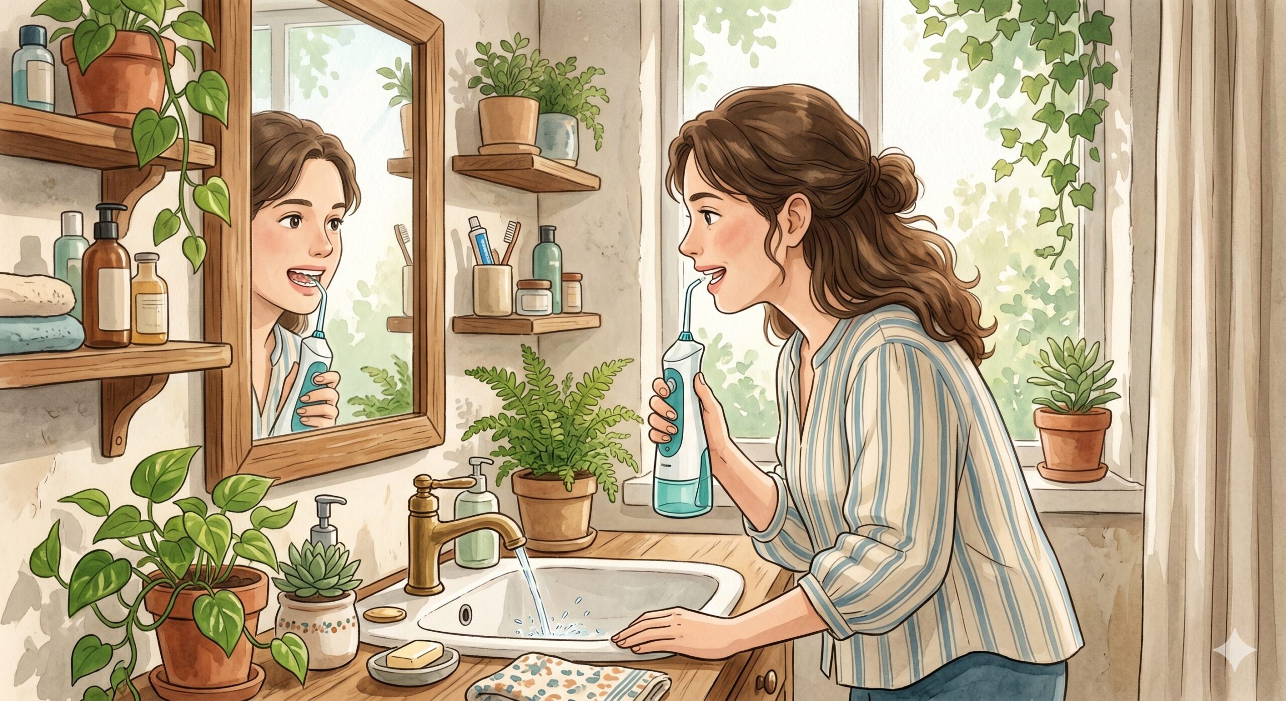 a woman using a water flosser at the bathroom mirror