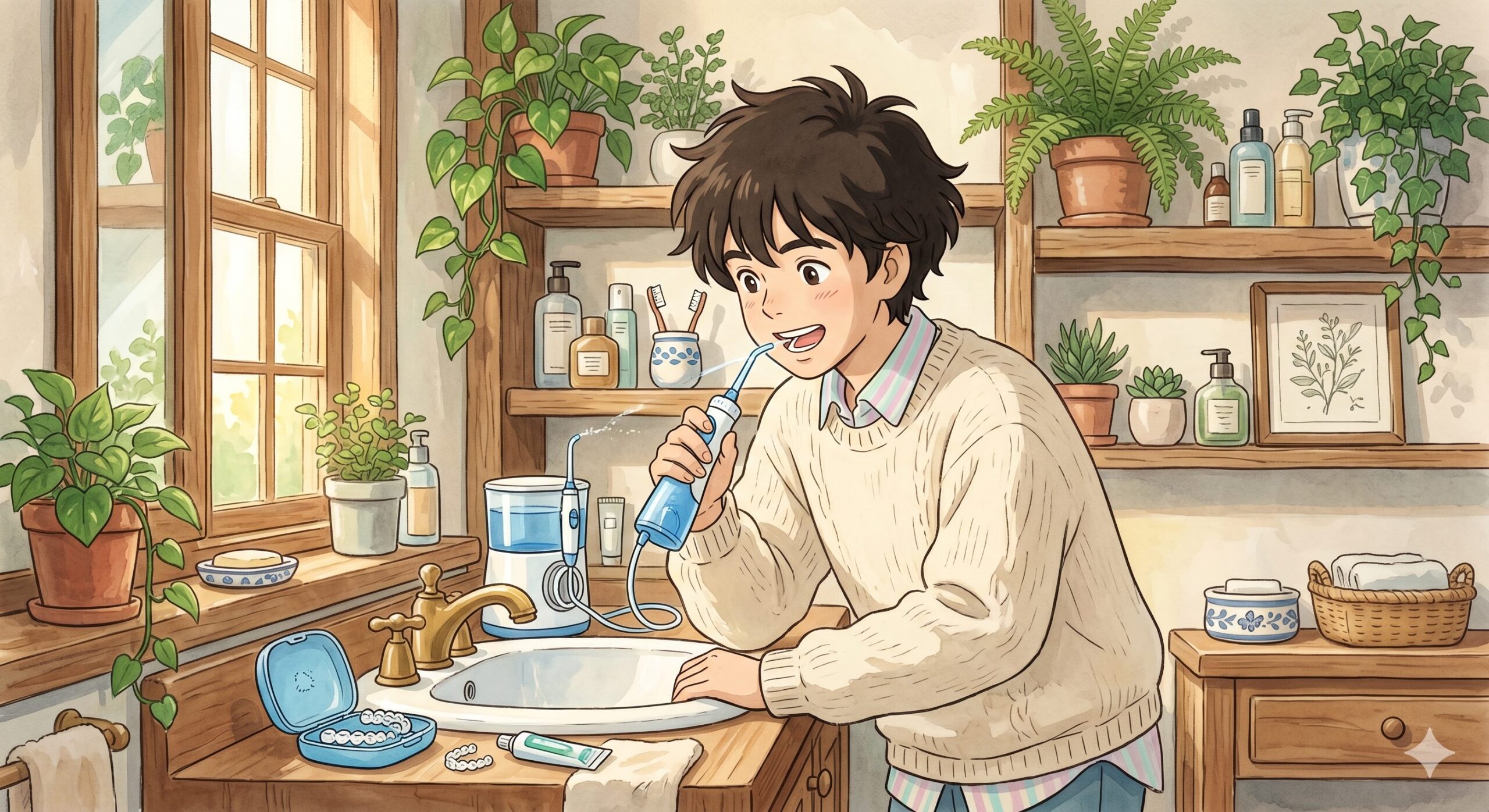 a young man using a water flosser at the sink, the pulsed water jet cleaning between his teeth