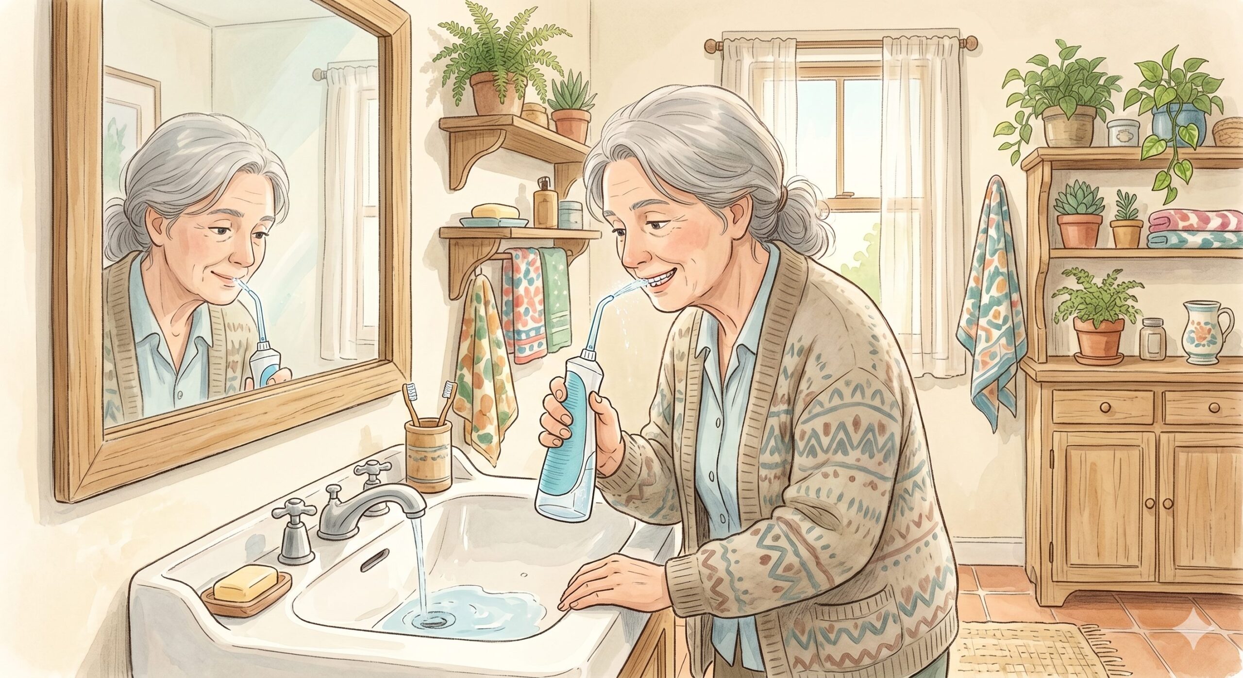 an older adult using a water flosser, guiding the tip along the gum line