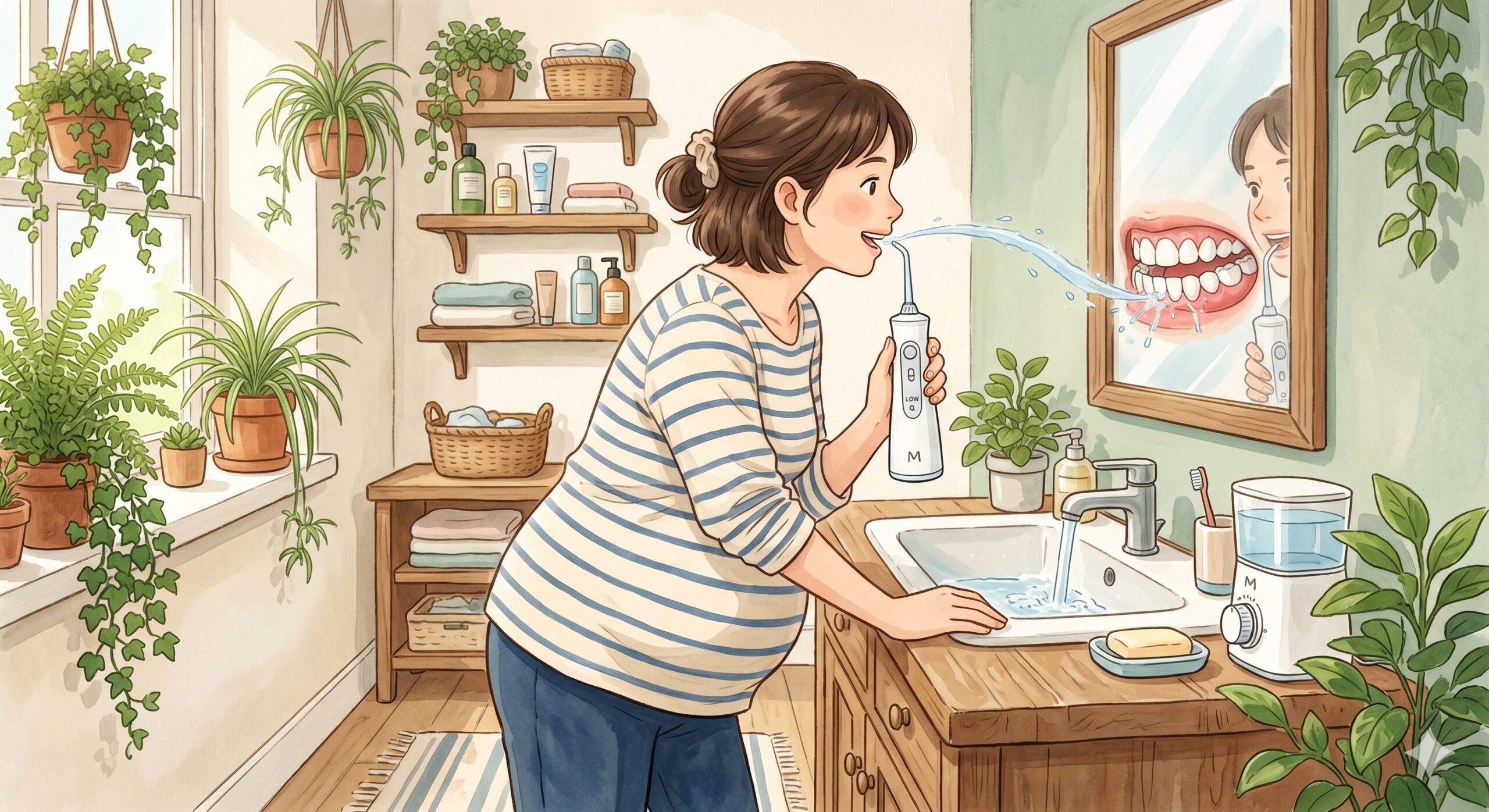 a pregnant woman safely using a water flosser at a comfortable pressure