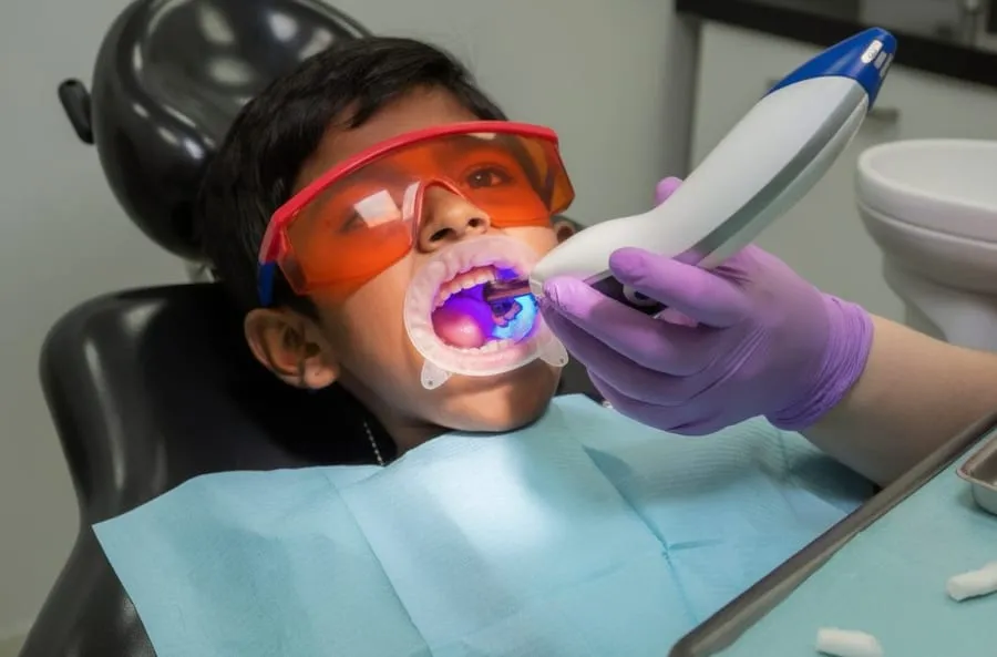 Child in dental chair with UV cure filling