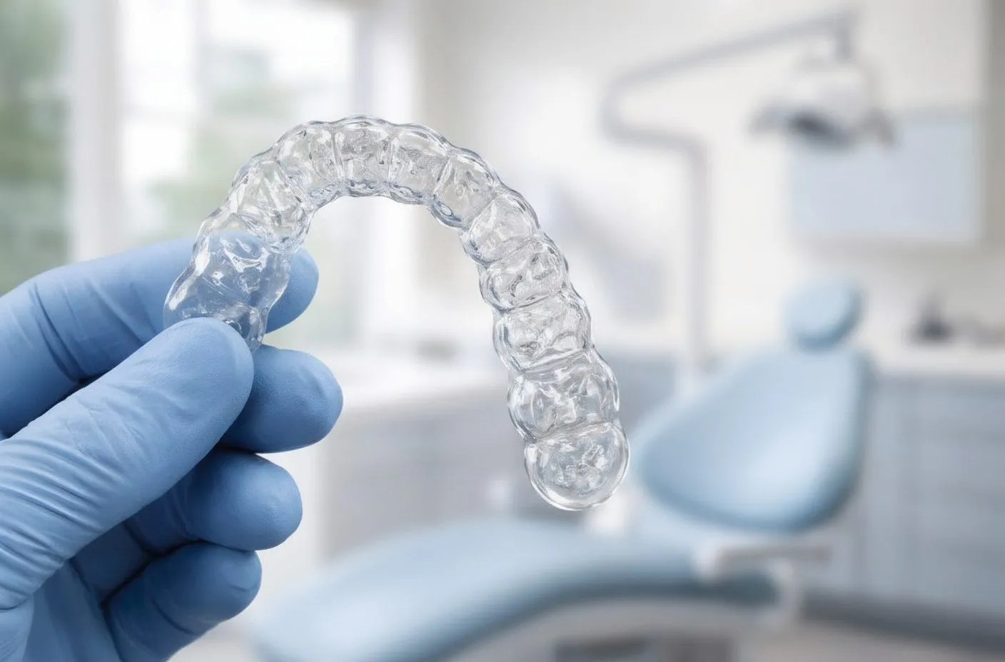 Gloved dentist holding clear aligner against blurred clinic background; professional, clean mood