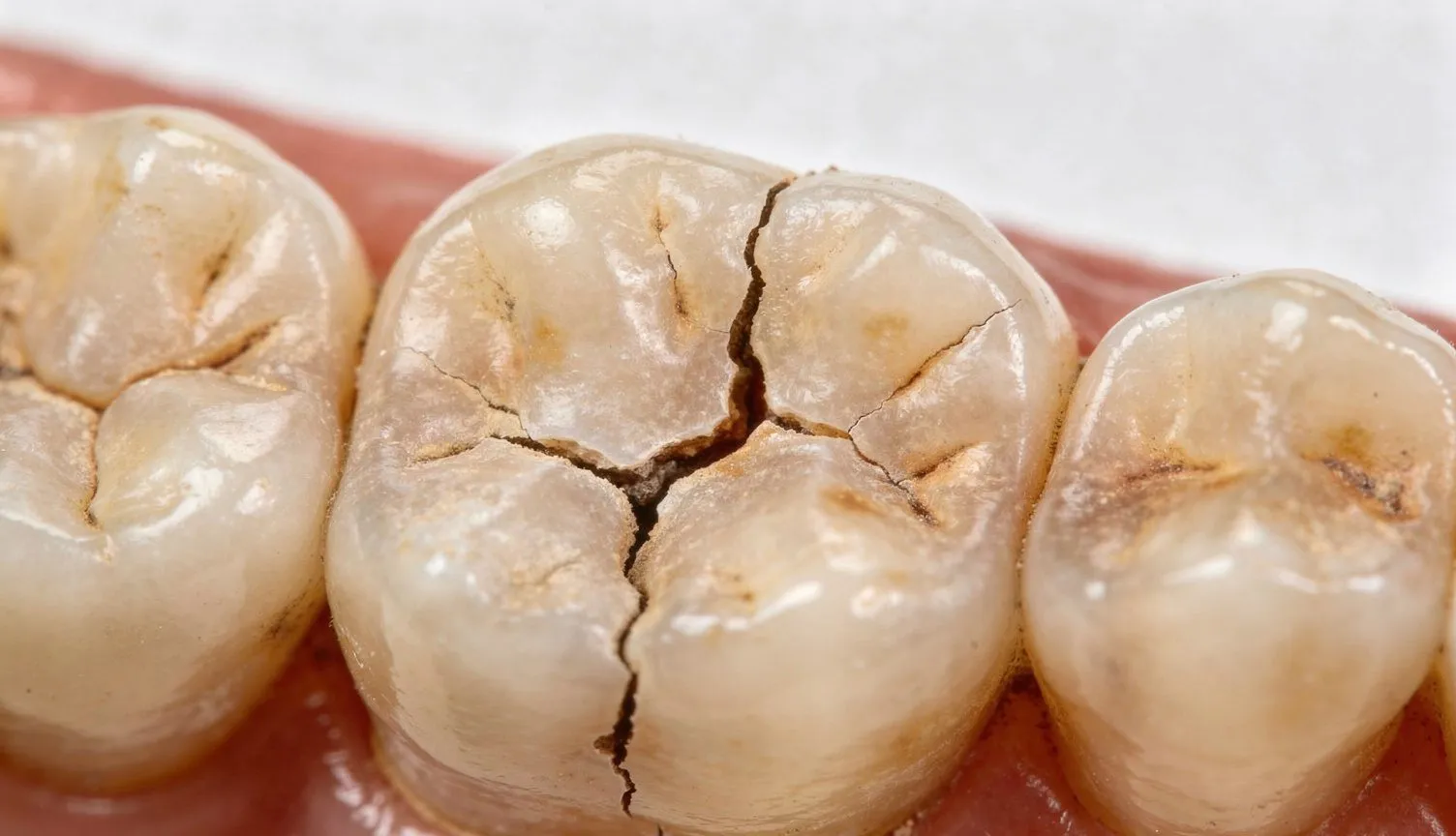 Extreme macro of three molars on dental model showing severe cracking, deep fissures, staining