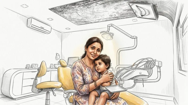 Illustrated patient experience sketch for cavity filling treatment at Smile Gallery Bhopal