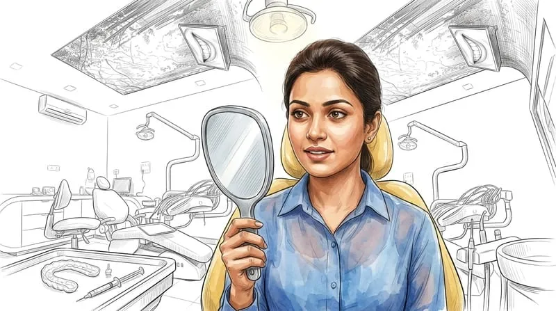 Illustrated patient experience sketch for teeth whitening treatment at Smile Gallery Bhopal