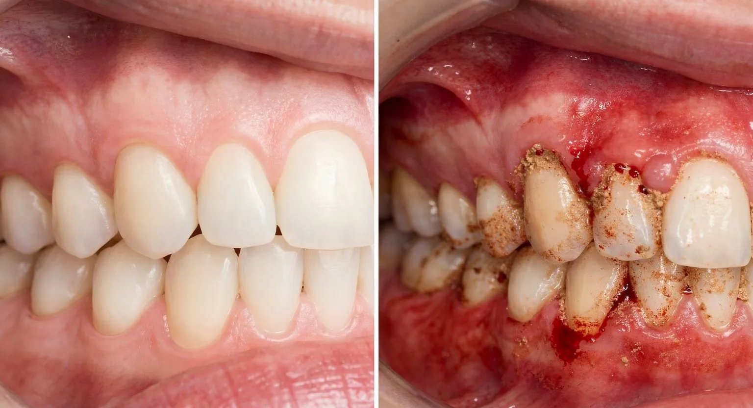 Split macro: left side healthy pink gums; right side heavy calculus, bleeding, inflamed gum tissue