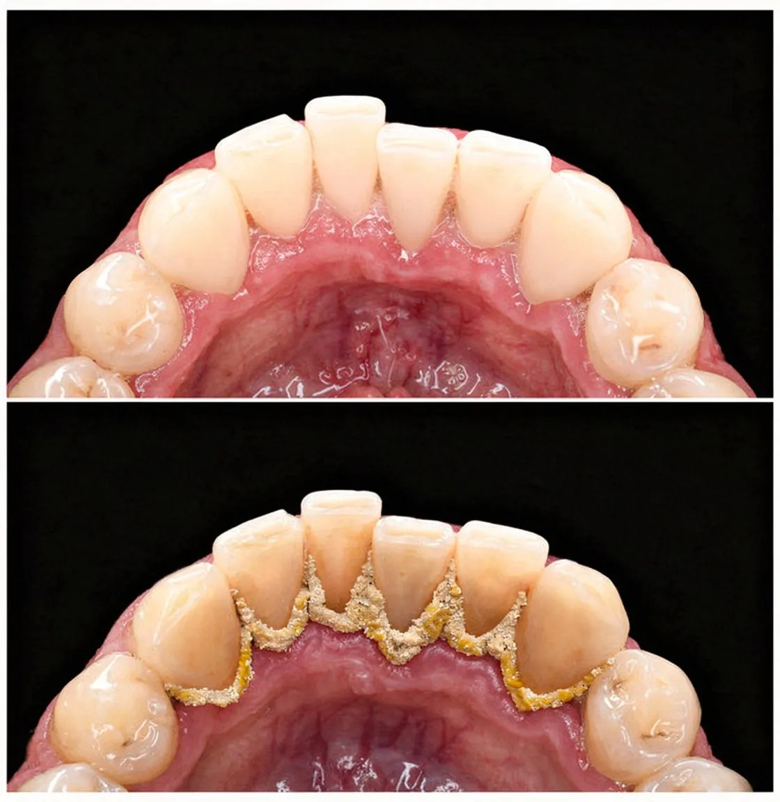 Split occlusal view: top shows clean teeth post-scaling; bottom shows heavy yellow-brown calculus deposits