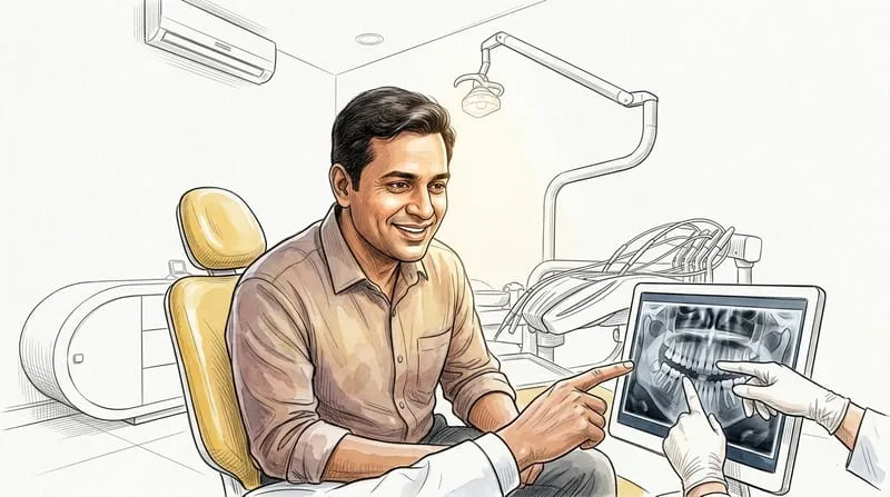 Illustrated patient experience sketch for dentist in bhopal treatment at Smile Gallery Bhopal
