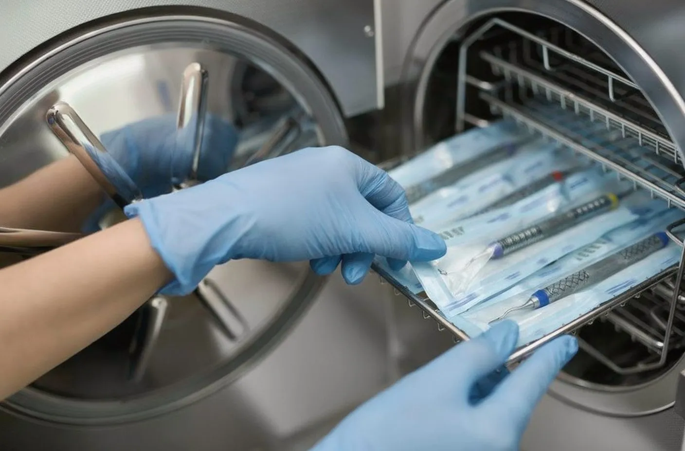 Gloved hands loading sealed instrument tray into open autoclave sterilizer; clinical trust-building mood