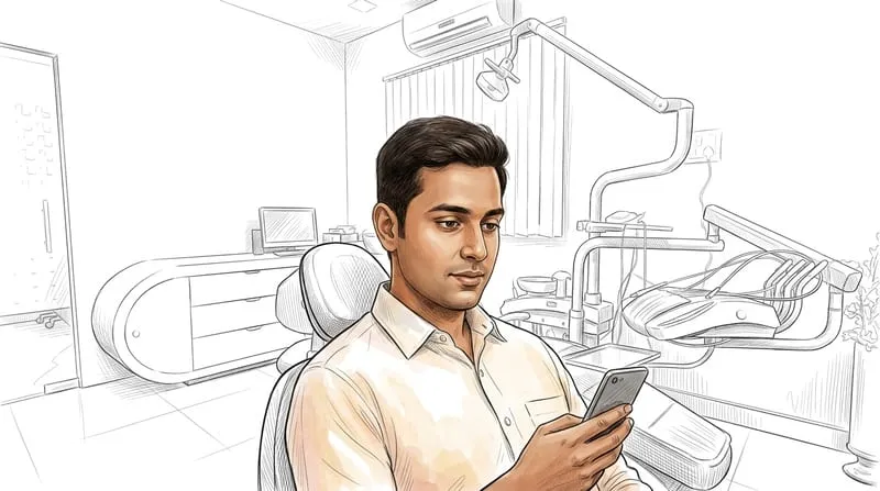 Illustrated patient experience sketch for teeth cleaning treatment at Smile Gallery Bhopal