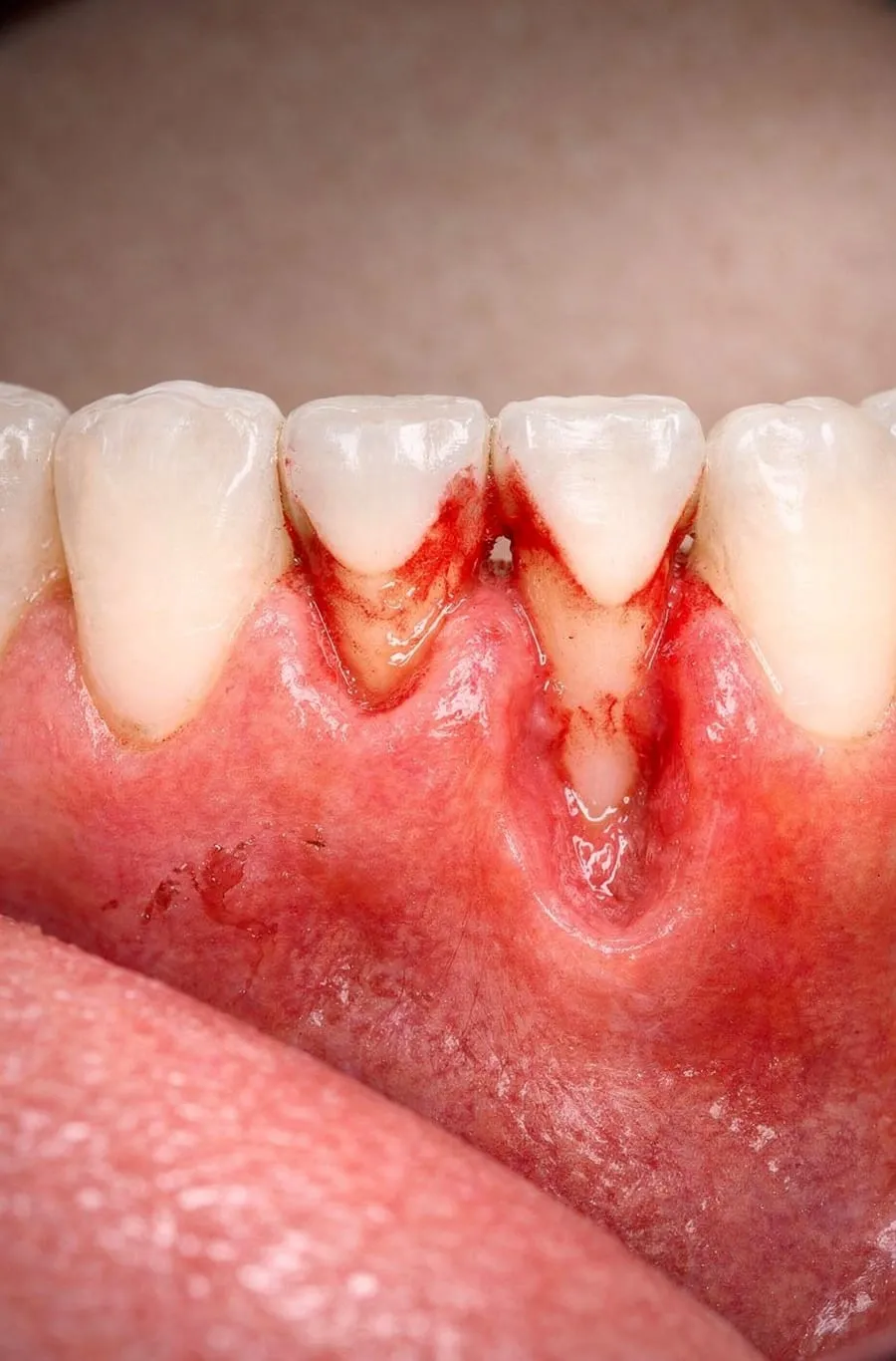 Gum recession with bleeding and exposed roots