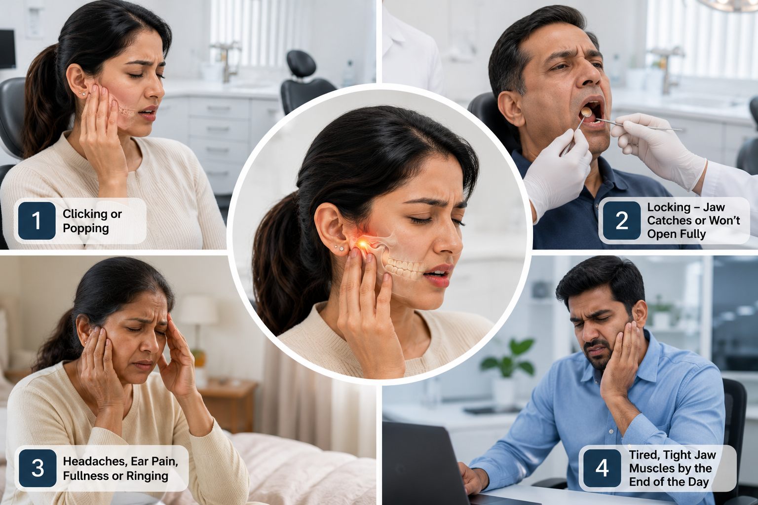 Common TMJ symptoms in Bhopal — jaw clicking, locking, headaches, ear pain and tired jaw muscles