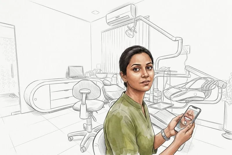 Illustrated patient experience sketch for teeth whitening treatment at Smile Gallery Bhopal