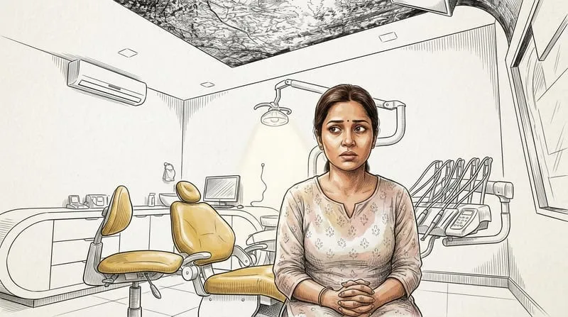 Illustrated patient experience sketch for dental anxiety treatment at Smile Gallery Bhopal