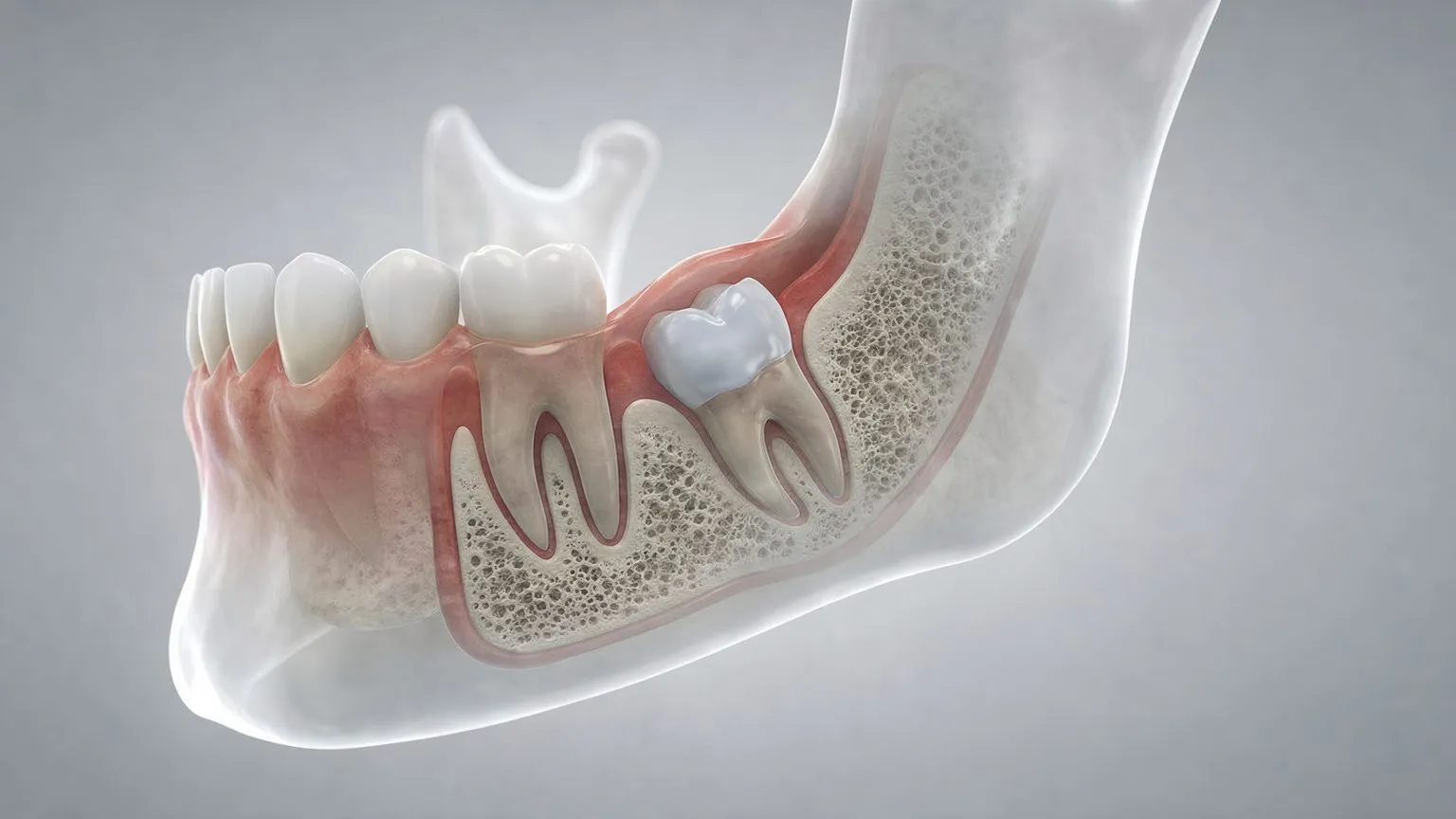 3D medical illustration of impacted lower wisdom tooth pressing against adjacent molar; transparent anatomy render