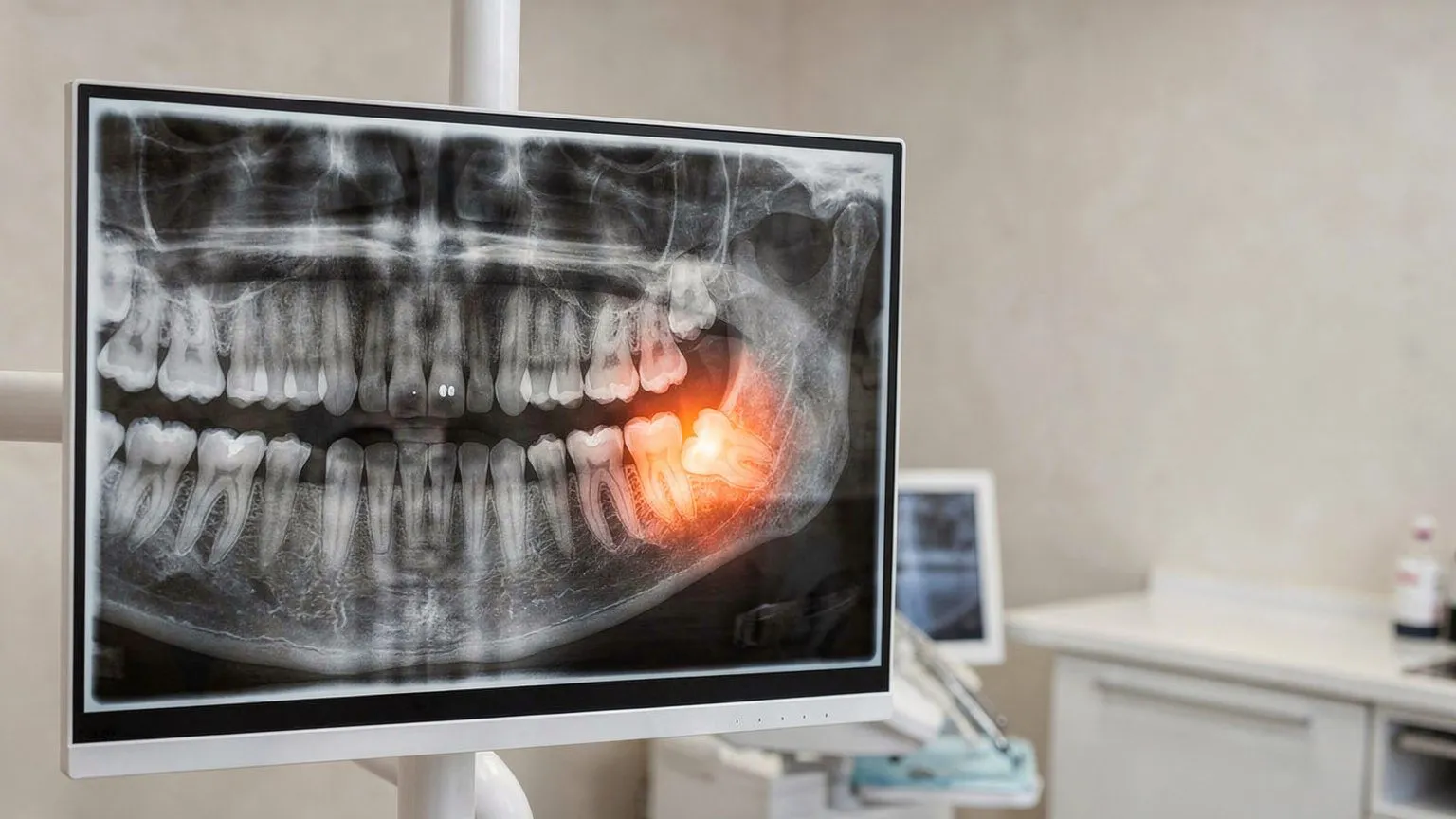 Full panoramic OPG on clinical monitor with lower molar highlighted in orange/red indicating pathology