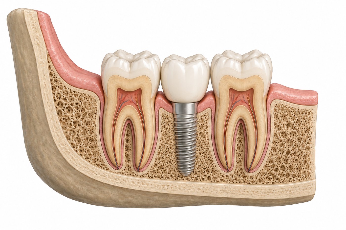 The same cross-section with a titanium dental implant placed in the jawbone and a ceramic crown restoring the missing molar.