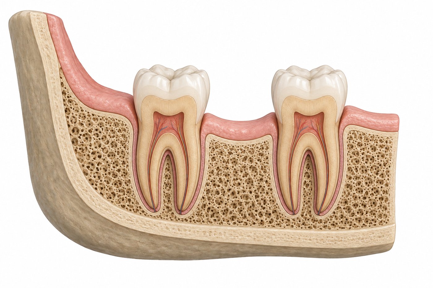 Cross-section of the lower jaw showing a gap where a molar is missing, with the gum healed over the bone ridge.