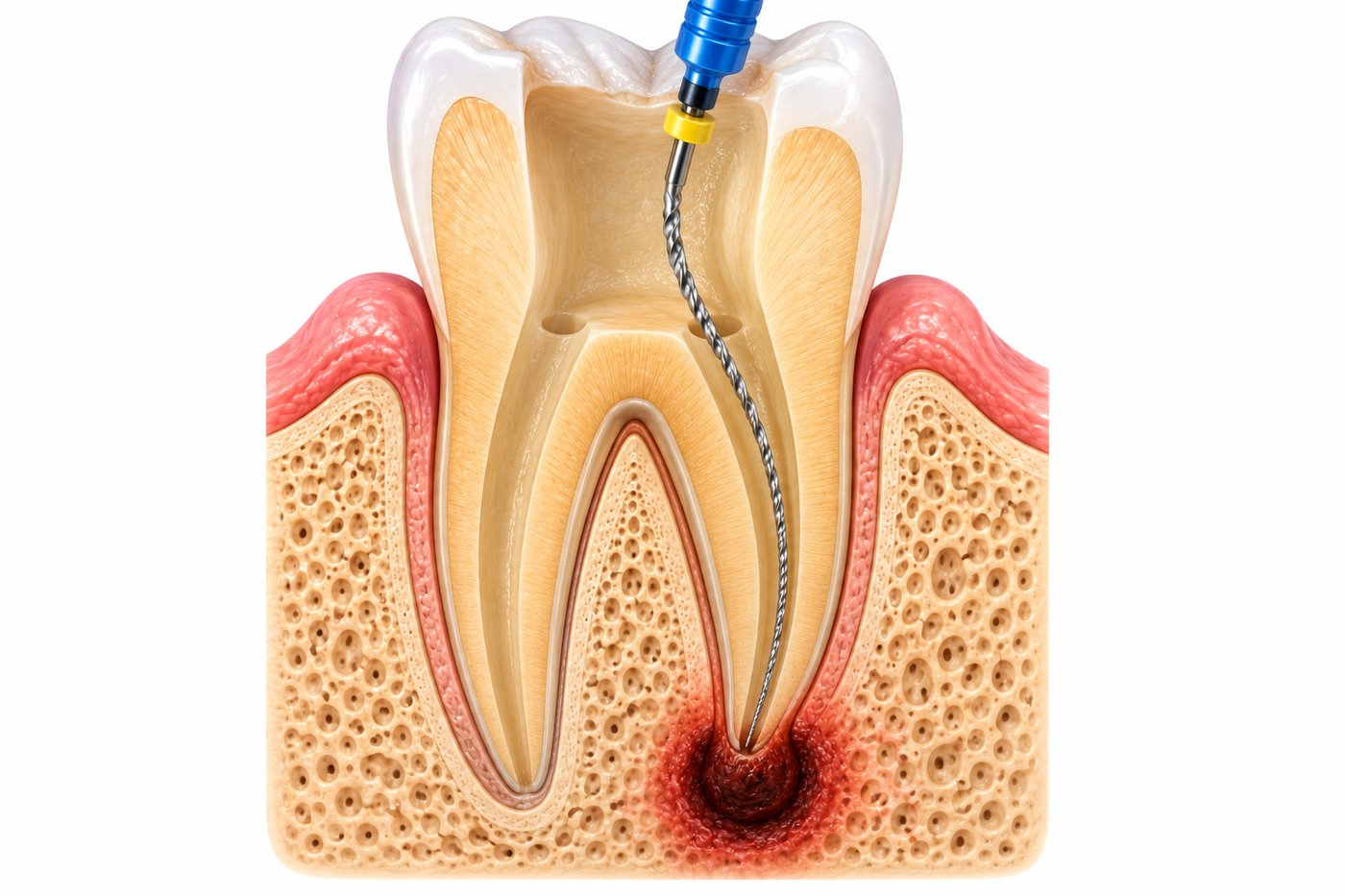 The same tooth being cleaned: decay removed and a rotary endodontic file shaping the root canal.