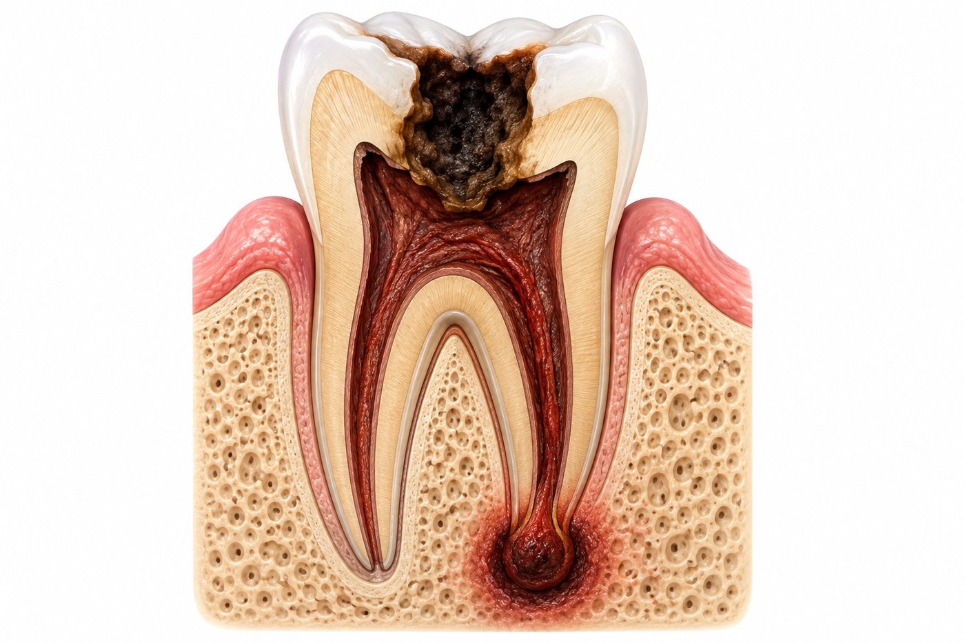 Cross-section of a molar with deep decay reaching the pulp and an infection in the bone at the root tip.