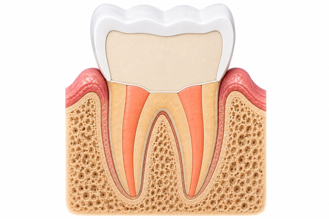 The same tooth fully treated: canals sealed with filling material, a ceramic crown on top, and healed bone at the root tip.