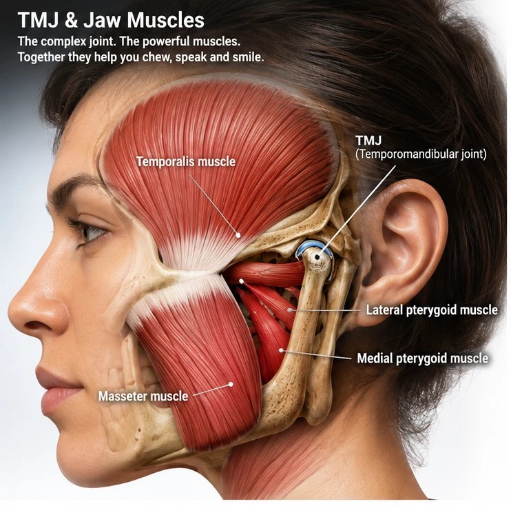 Illustration of the jaw joint (TMJ) and the temporalis, masseter, lateral pterygoid and medial pterygoid muscles