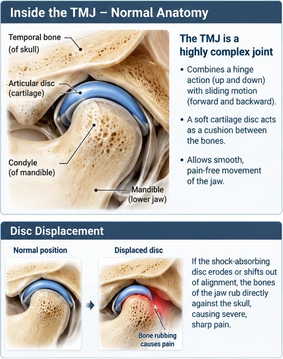 Illustration of the inside of the TMJ, showing the articular disc in its normal position and displaced forward