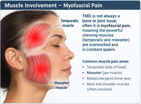Illustration of myofascial jaw pain, with pain points in the temporalis and masseter muscles