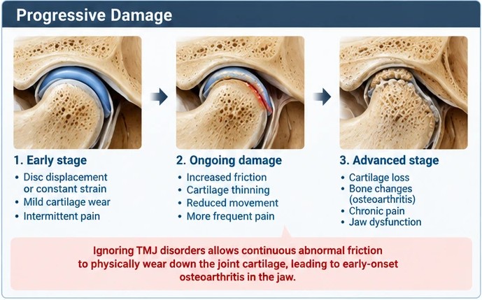 Illustration of three stages of TMJ joint damage: early disc displacement, ongoing cartilage wear, and advanced bone changes